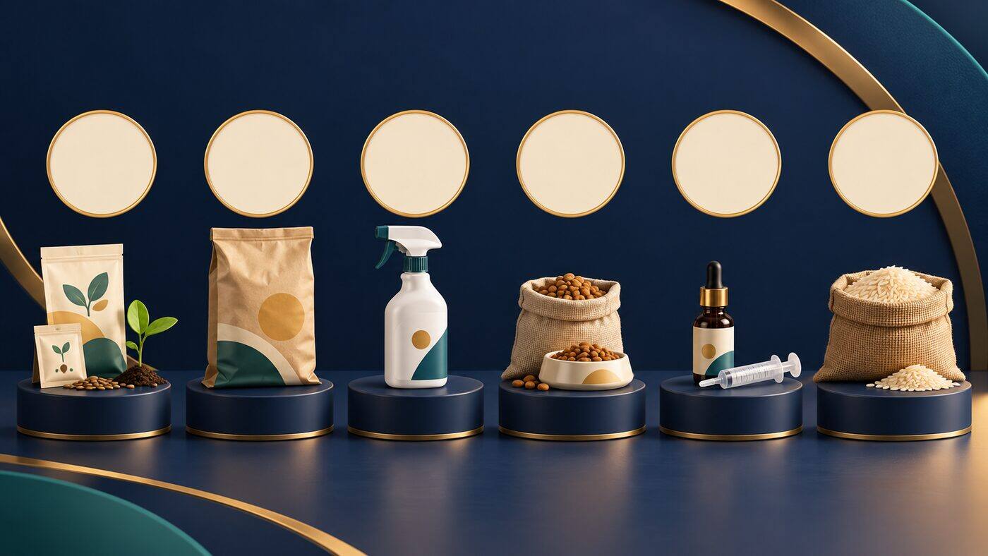 Sechs nebeneinanderstehende Podeste, von links nach rechts: 1 Saatgutpäckchen und Jungpflanzen; 2 Düngersack aus Kraftpapier; 3 weiße Sprühflasche; 4 Tüte Trockenfutter und Futternapf; 5 Pipettenfläschchen und Spritze ohne Nadel; 6 kleiner Beutel weißer Reis