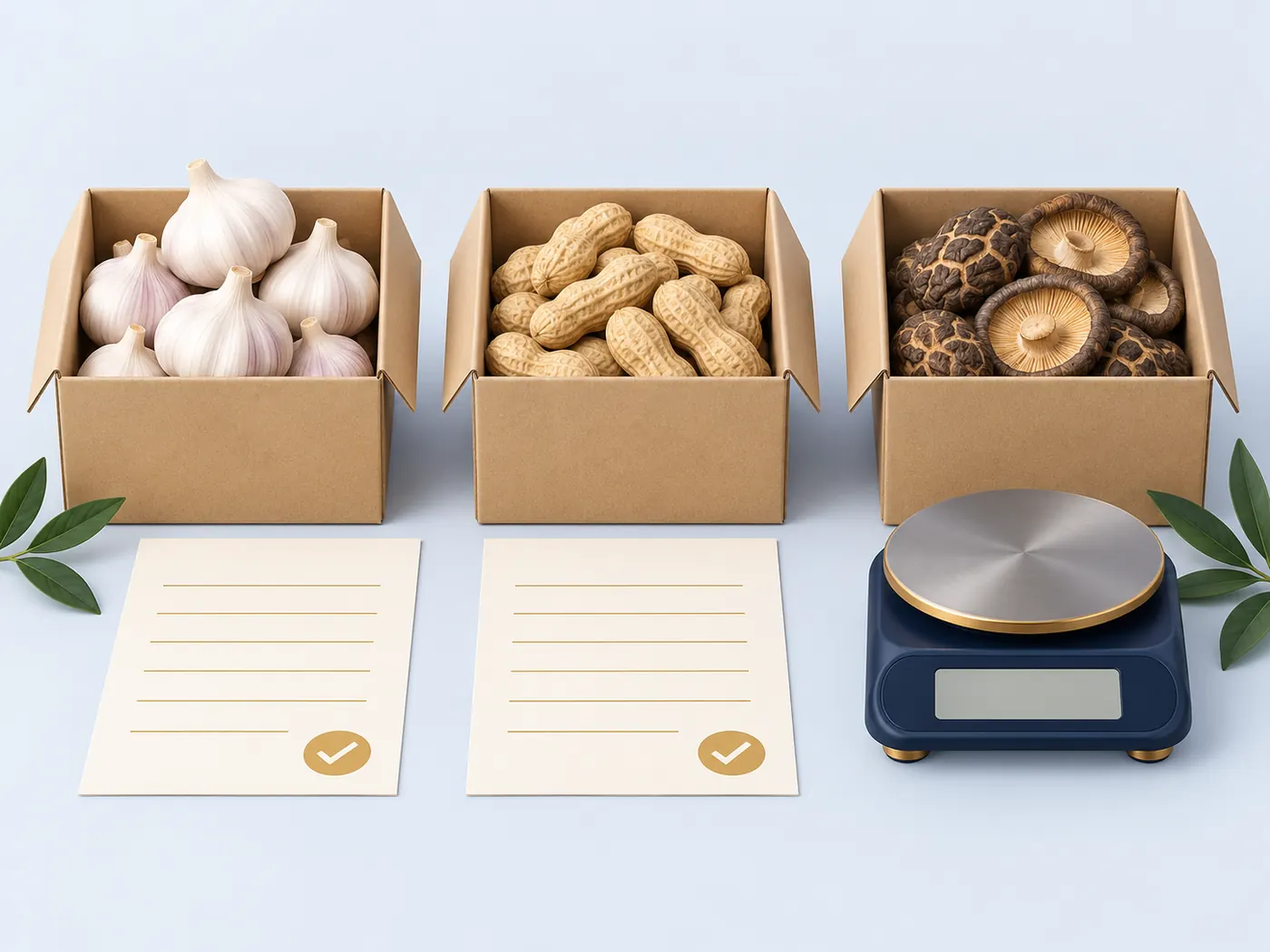 Drei Pappkartons mit Knoblauch, Erdnüssen und getrockneten Shiitake-Pilzen; vor den ersten beiden Kartons liegen leere Dokumente mit Häkchen, neben dem dritten steht eine elektronische Waage