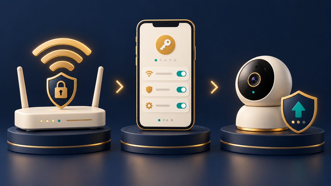 三个深蓝色展示台由左到右排列：左边是无线路由器，上方有 Wi-Fi 信号与挂锁盾牌；中间是手机，屏幕上有钥匙图标与三个已打开的设置开关；右边是球形看护摄影机，旁边的盾牌上有向上箭头，代表固件更新