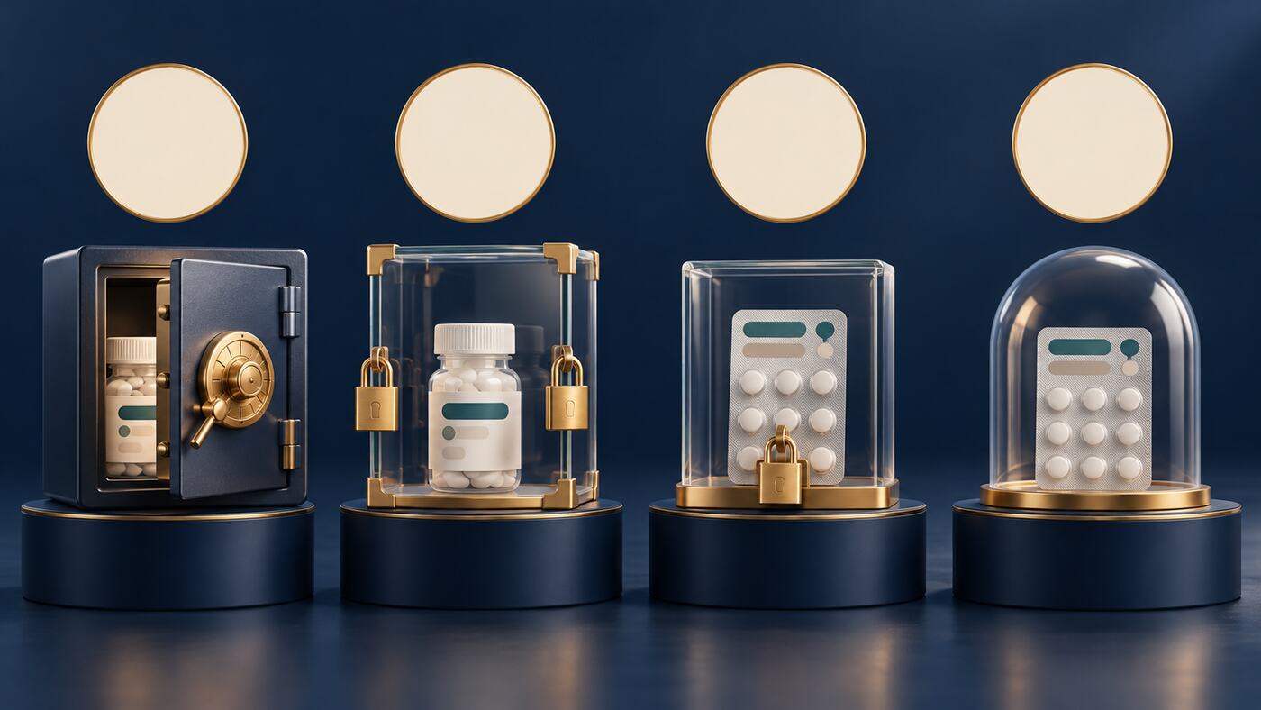 Four dark-blue pedestals side by side, with protection decreasing from left to right: 1 a medicine bottle in a safe; 2 a medicine bottle in a glass cabinet with two locks; 3 blister-packed tablets in a glass cabinet with one lock; 4 blister-packed tablets under an unlocked glass cover