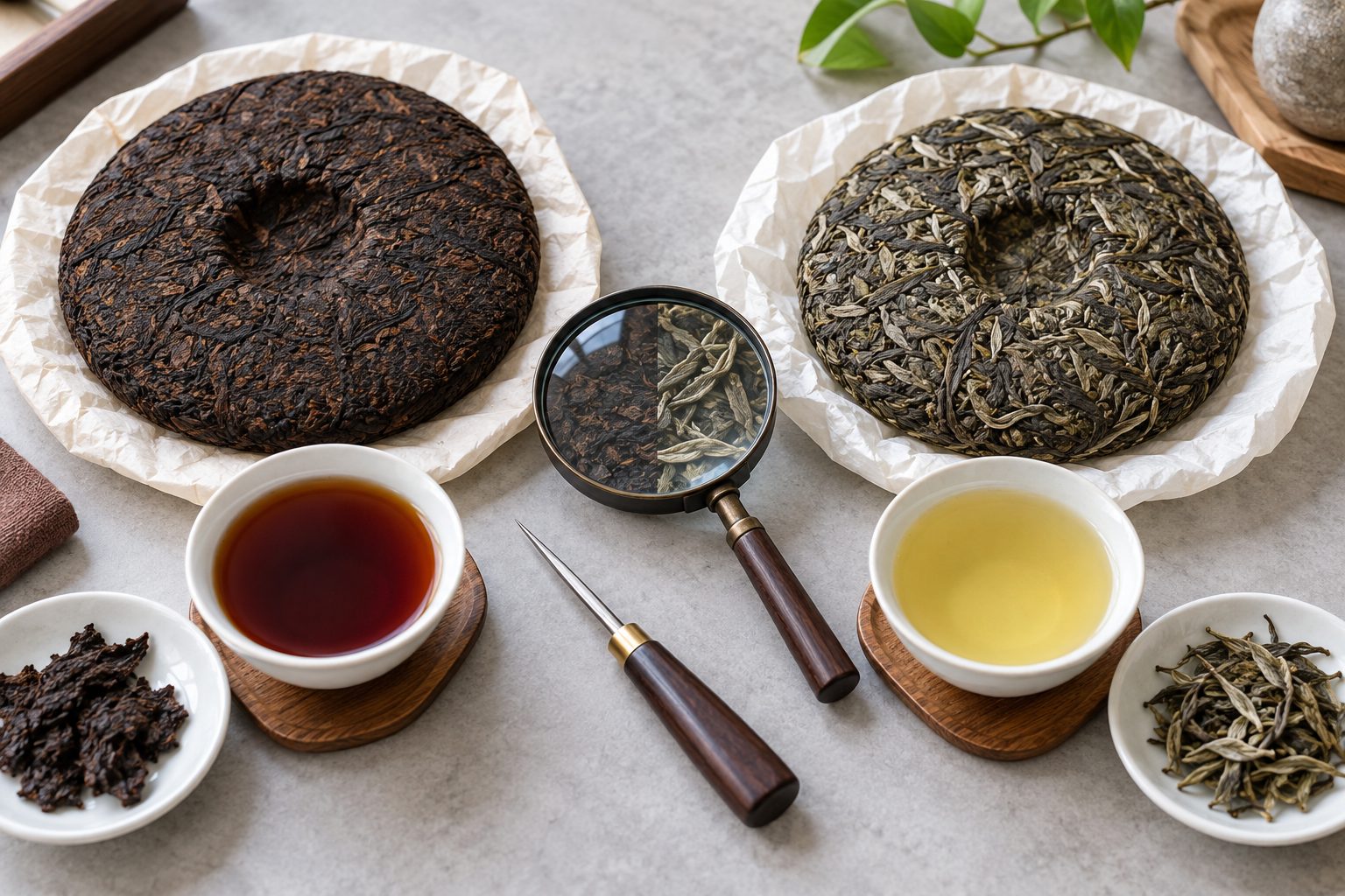 Instructional illustration showing ripe and raw Pu-erh tea cakes side by side with their brewed tea