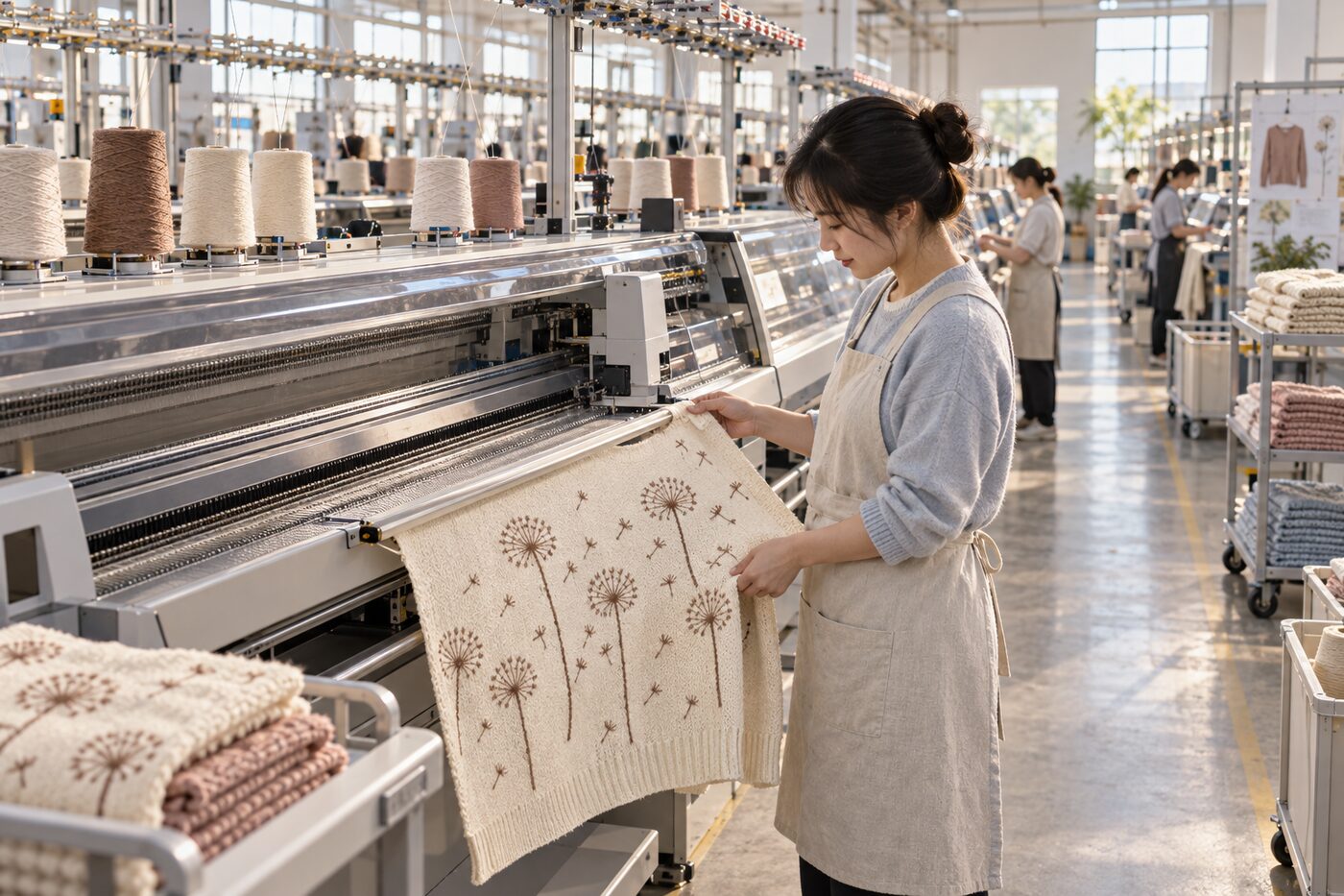 电脑横机正在织一片奶油白底、棕色蒲公英提花的毛衣衣片，技术人员在机台旁检查