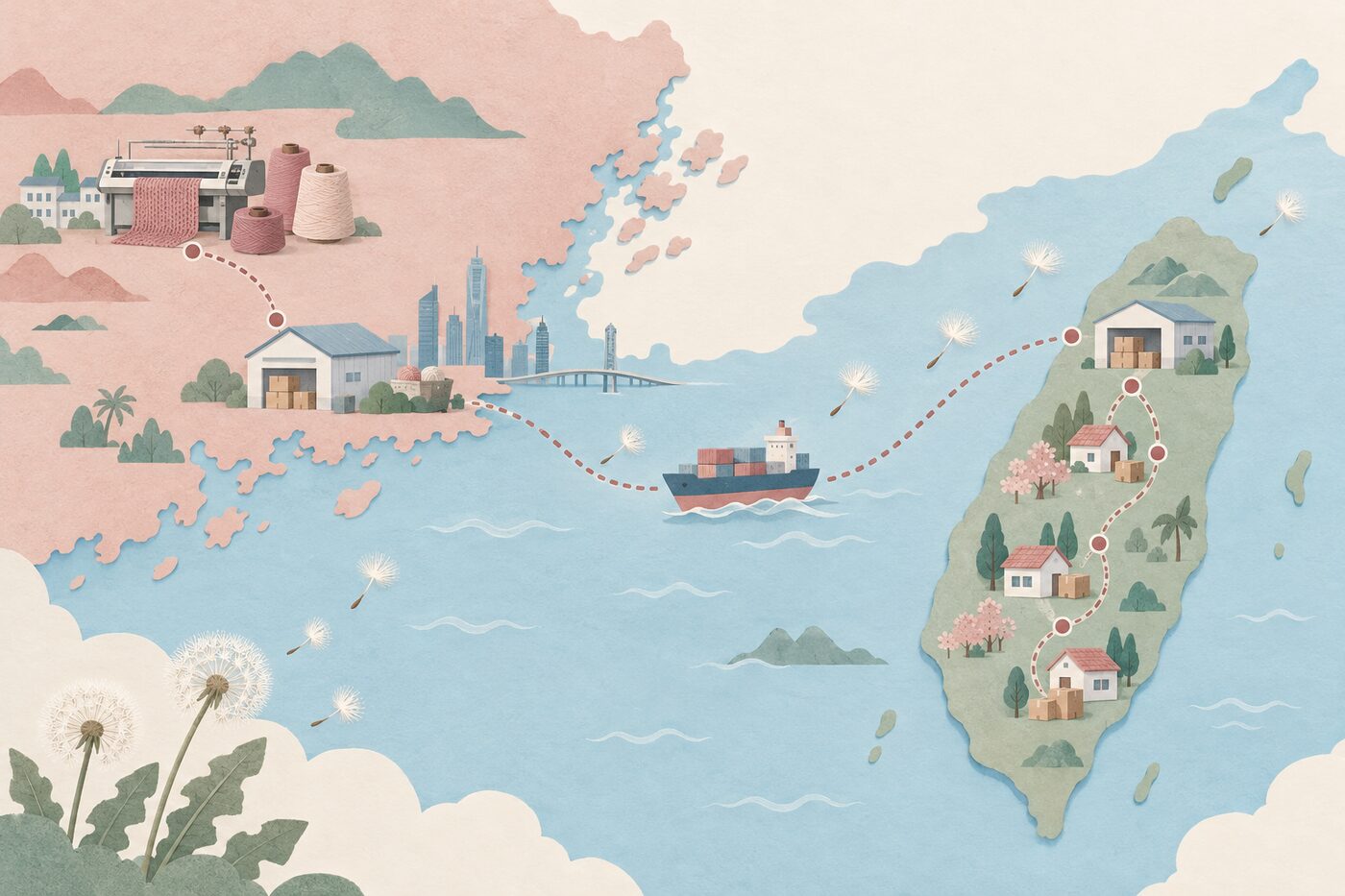 纸艺风格地图：左边大朗的横机与纱线，往右依序是深圳的仓库、海上的货轮、桃园的仓库，最后是台湾各地的小房子与包裹