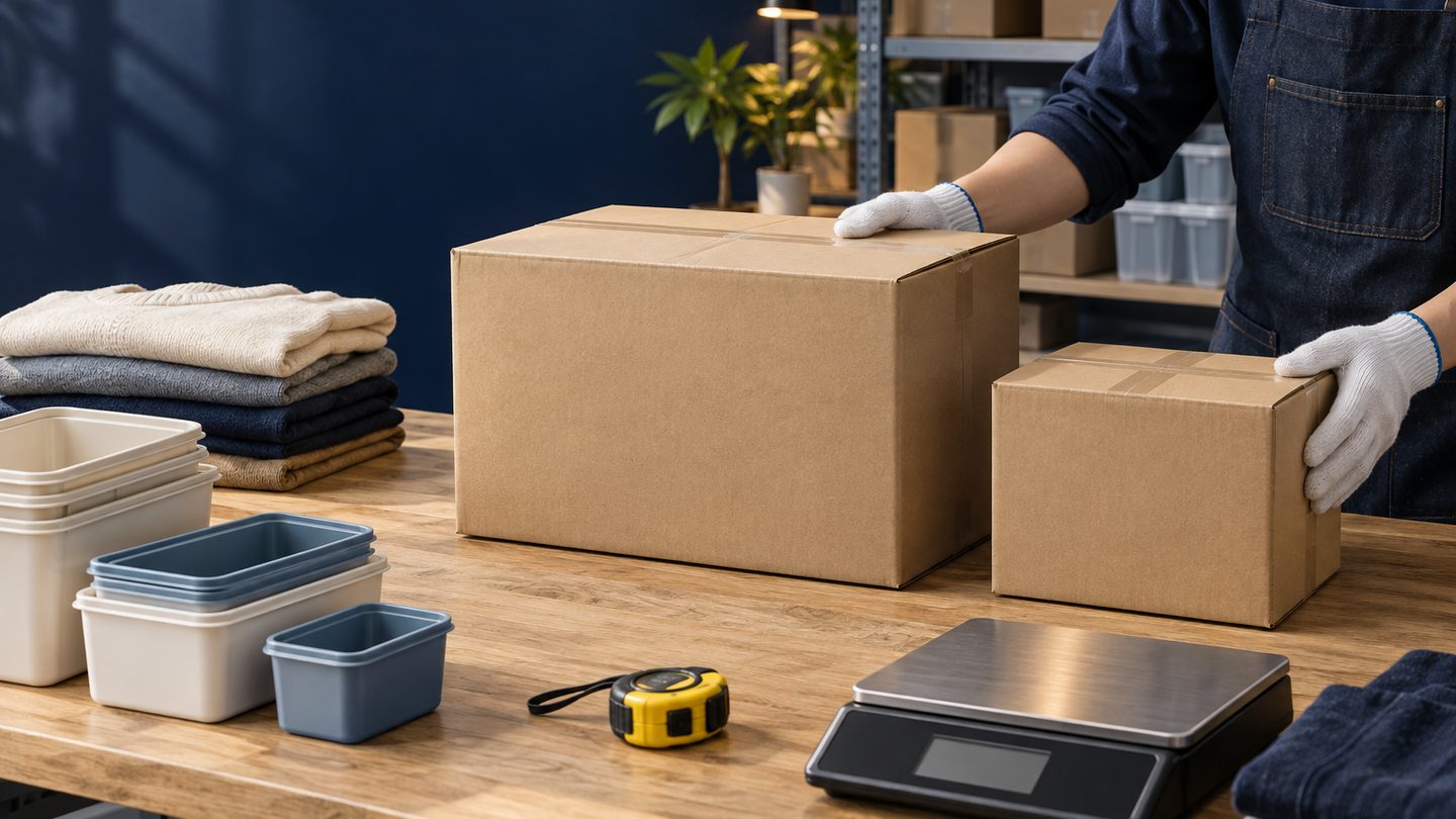 Large and small cartons, packing materials, tape measure and parcel scale on a warehouse bench while a worker compares packaging