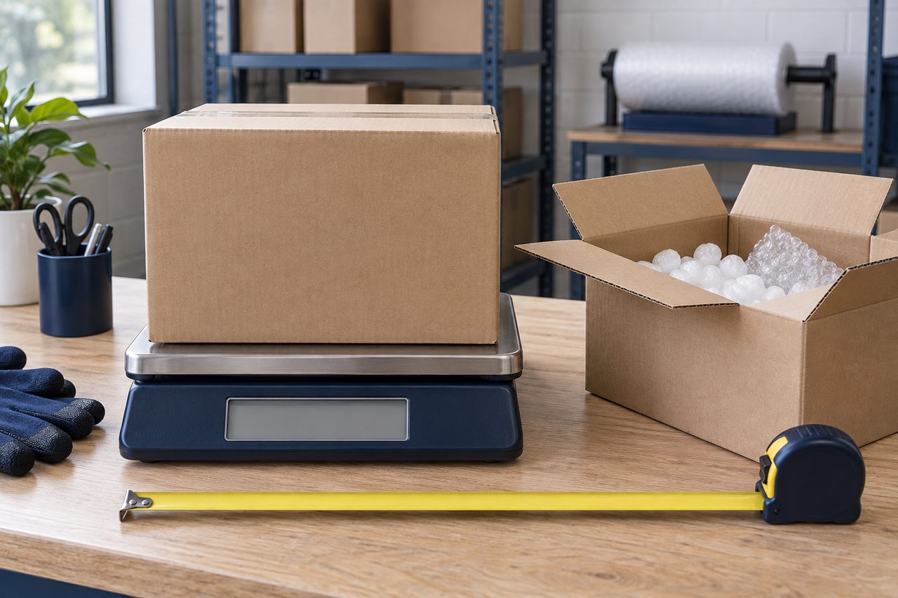 Carton on a parcel scale, tape measure and a second box with cushioning material