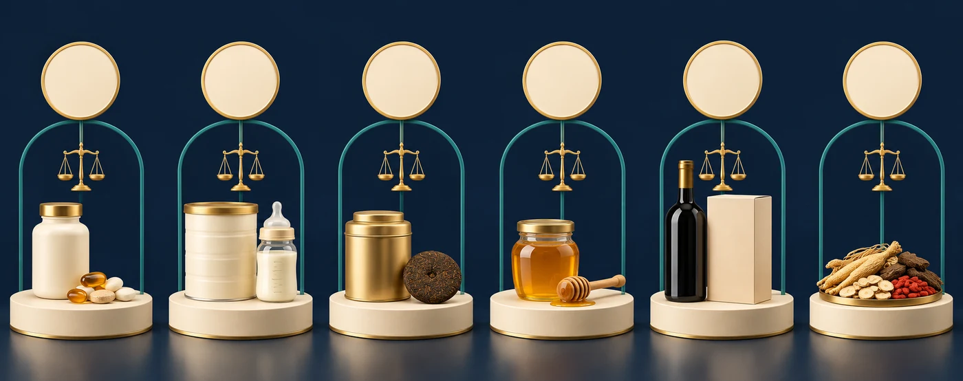 Illustration: 6 Lebensmittelkategorien, bei denen zuerst Mengengrenzen und Einfuhrregeln zu prüfen sind: Nahrungsergänzungsmittel; Säuglings- und Kleinkindnahrung; Tee (MW0/MP1 anhand der Tarifnummer prüfen); Honig und Gelée Royale; Alkohol und Tabakwaren; Traditionelle chinesische Heilkräuter