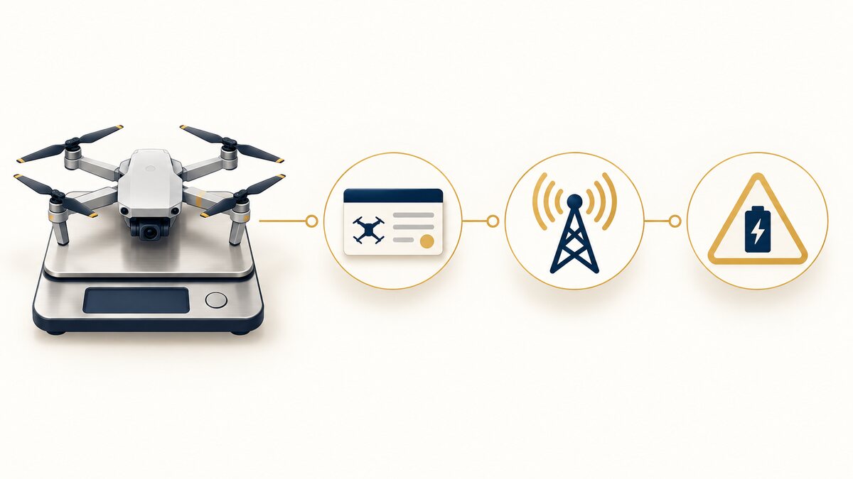 A drone on an electronic scale, next to a registration card, a radio transmission tower and a lithium battery warning icon in sequence