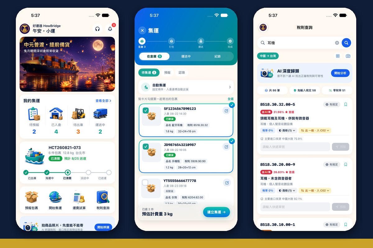 好运器 App 三个画面：首页货况总览、集运勾选包裹、HScode 税则查找（App Store 展示图，示范帐号）