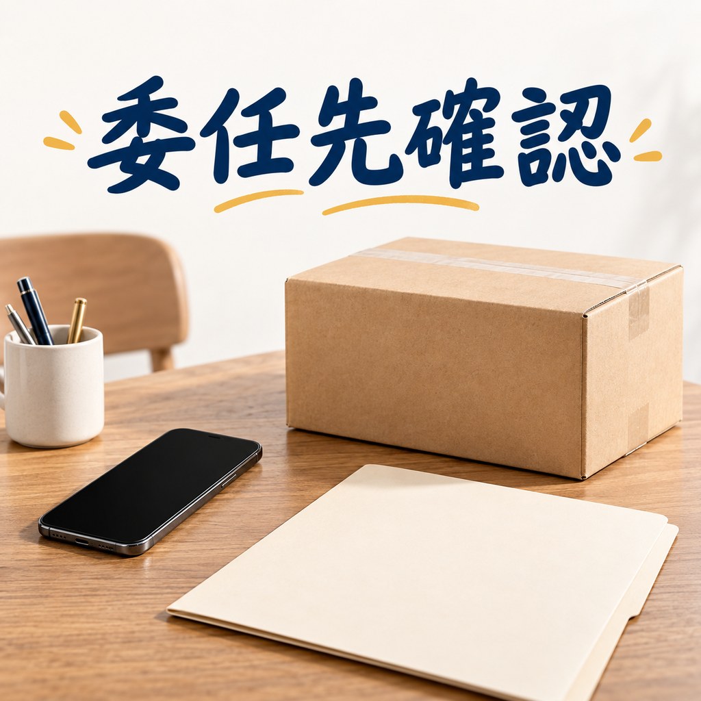委任先确认：全黑屏幕的手机、封好的素面纸箱与空白文档夹放在桌上，示意收到通知先核对委任数据再申报