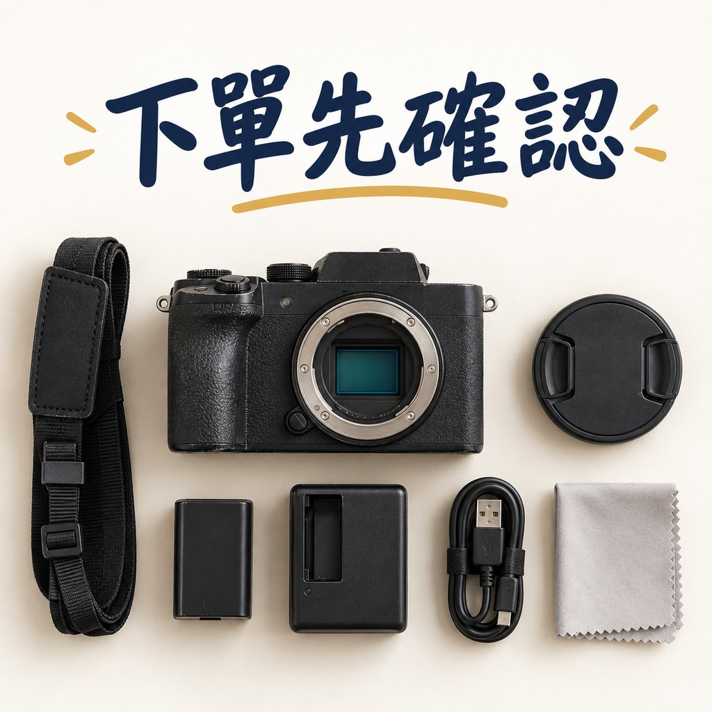 下单先确认：二手相机机身、镜头盖、背带、电池、充电器与配件平铺，示意买前核对外观与件数