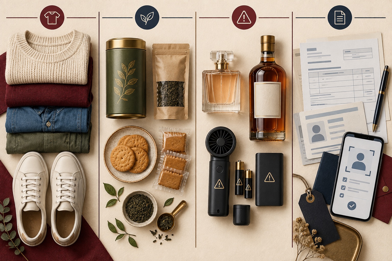 Illustration of clothing, food, perfume, alcohol, batteries and customs documents for UK purchases shipped to Taiwan