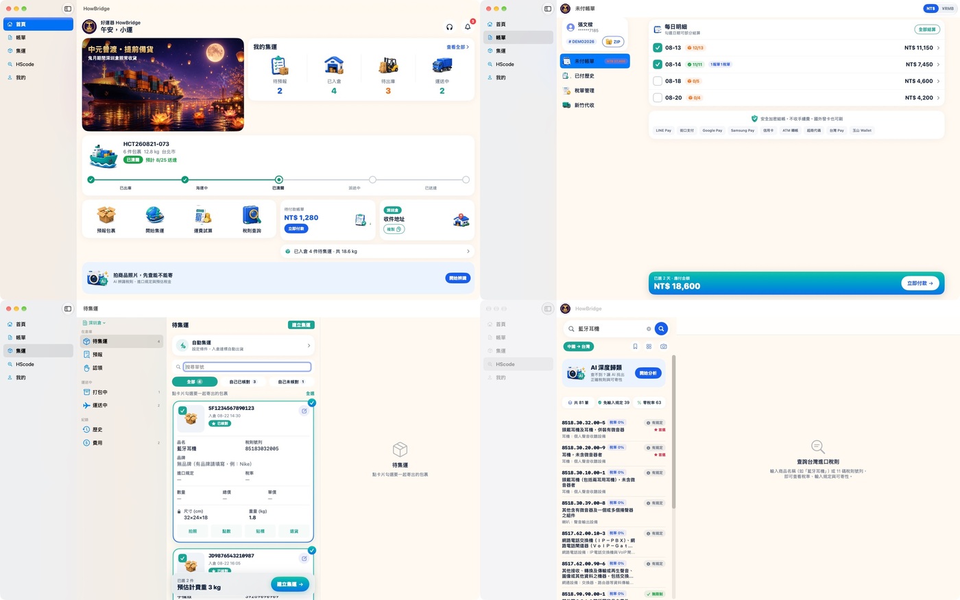 好运器 Mac App 四个画面：左上首页有我的集运统计与货态时间轴，右上帐单页列出每日明细与合计金额，左下集运页的待集运包裹清单，右下 HScode 税则查找结果列表